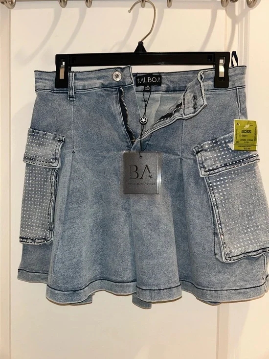 Balboa Denim Mini Skirt with Rhinestone Cargo Pockets - Light Blue - Picture 1 of 7